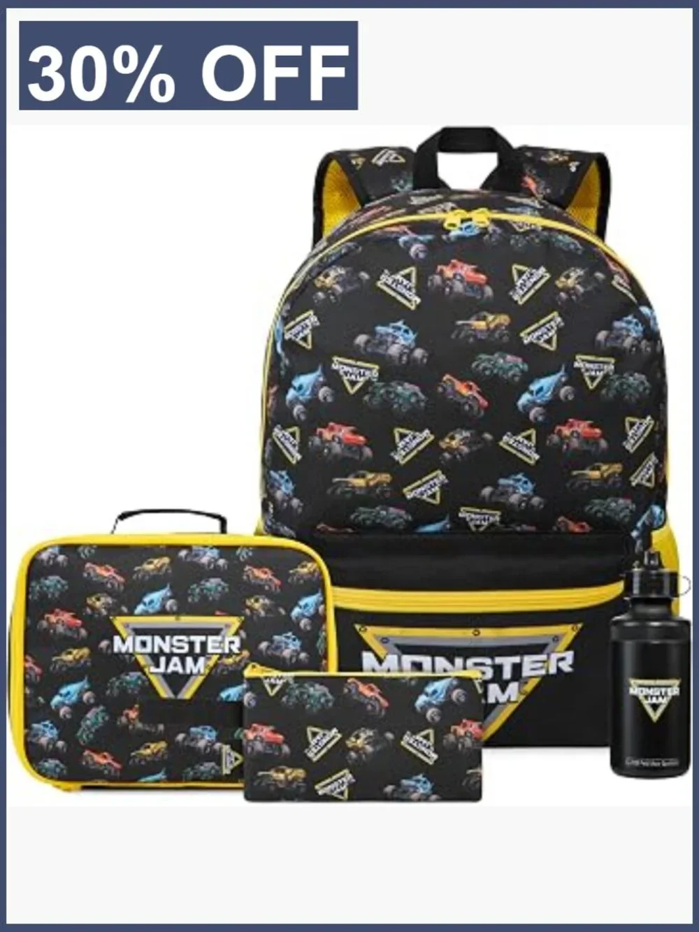 Monster Jam Boys Backpack 4 Piece Set - 18in Bookbag with Lunch Bag, Pencil